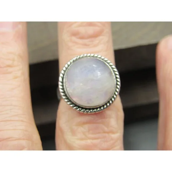 Size 6 Sterling Silver Large Round Moonstone Band Ring Vintage Statement - Picture 5 of 9